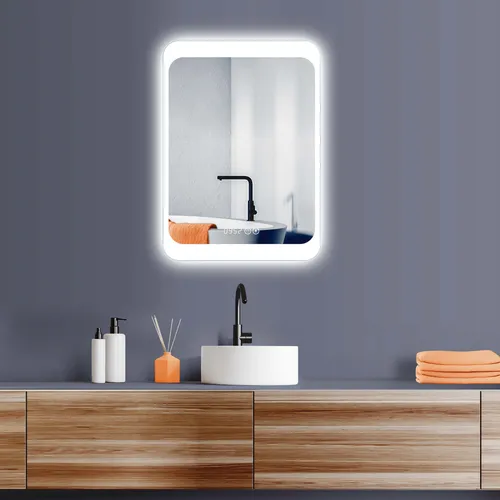 HOKO Badspiegel LED Design mit Digitaluhr 50x70/60x80cm - Badspiegel mit integrierter Digitaluhr und energieeffizienter LED-Beleuchtung, ideal für perfekte Kosmetik- und Pflegebeleuchtung.