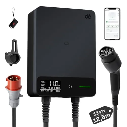 dé Wallbox 11kW mit APP, 12,5m Typ 2 Ladekabel mit Kabelhalter, 3-Phasen EV-Ladegerät (6-16A, 400V), für BEV/PHEV, RCD Type A 30mA AC + 6mA & IP54-Schutz, effiziente Ladestation für Zuhause, Schwarz