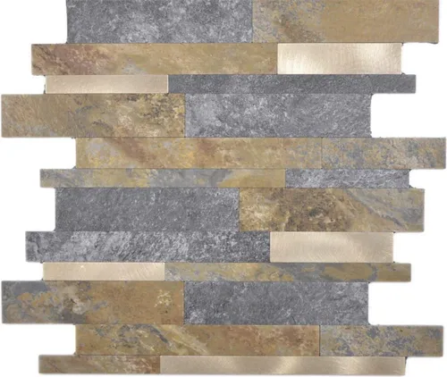 Verbund Vinyl Steinoptik Multi Slate/Gold Mosaikfliese - Hochwertige Mosaikfliesen für eine stilvolle Wandgestaltung in der Küche. Ideal für kreative Fliesenspiegel mit einfacher Montage und robuster Oberfläche. Anzahl: 10 Stück pro Packung, geprüft für langlebige Qualität!  