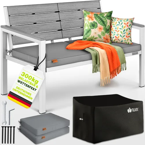 tillvex® Wetterfeste Gartenbank 2-3 Sitzer mit Abdeckung & Kissen | Hochbelastbare Parkbank in Holzoptik