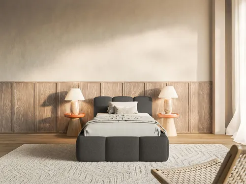 Selsey Kinderbett CLOUDY mit Lattenrost, wasserabweisend, 90x200 cm - Das Selsey Kinderbett CLOUDY vereint modernes Design mit funktionalen Eigenschaften. Ideal für stilvolle Schlafzimmer, punktet es mit einem stabilen Rahmen und gemütlichem Bouclé-Stoff für einen einladenden Schlafplatz.