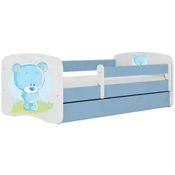 Raumhirsch Kinderbett Blau mit Schutzschiene - Kinderzimmermöbel, sicheres Kinderbett mit abnehmbarer Schutzschiene und praktischer Schublade für Stauraum. Inklusive bequemer Matratze für erholsamen Schlaf.