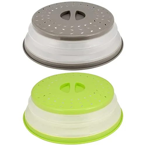 CHUEHKAK 2 Stück 27cm Mikrowellen Abdeckung Faltbar,Silikon Mikrowellenhaube, Abdeckhaube Mikrowelle, Mikrowellen Spritzschutz, Obst Korb Sieb, BPA-frei, Grün und Grau