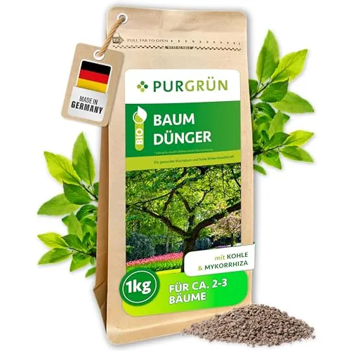 Purgrün Baumdünger NPK 5+4+6 - 1 kg Krümelgranulat - Pflanzendünger mit Mykorrhiza und Pflanzenkohle für gesundes Wachstum und verbesserte Bodenstruktur. Ideal für kräftige Bäume und widerstandsfähige Pflanzen.