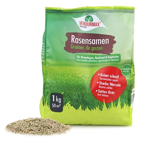 Verdurmax 1 kg Rasensamen - Hochwertige Mischung für 40m² dichten, strapazierfähigen & schnellkeimenden Sport- und Spielrasen - Trockenresistent & Ideal für Neuanlage, Nachsaat & Rasenreparatur
