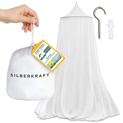 Silberkraft Moskitonetz mit Deckenhaken - Moskitonetz für Einzel- und Doppelbetten, ultra feinmaschig (225er Mesh) bietet zuverlässigen Schutz vor Insekten für erholsame Nächte, ideal für Zuhause und Reisen.