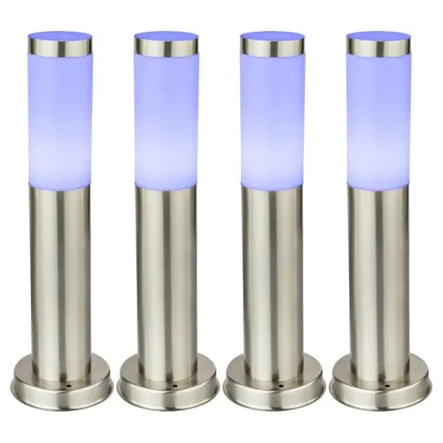 4x Edelstahl Außen Stehlampen mit RGB Farbwechsel - Lampen für den Außenbereich, elegante Edelstahl-Sockelleuchten mit Fernbedienung für stimmungsvolle RGB-Beleuchtung, ideal für Garten und Terrasse.