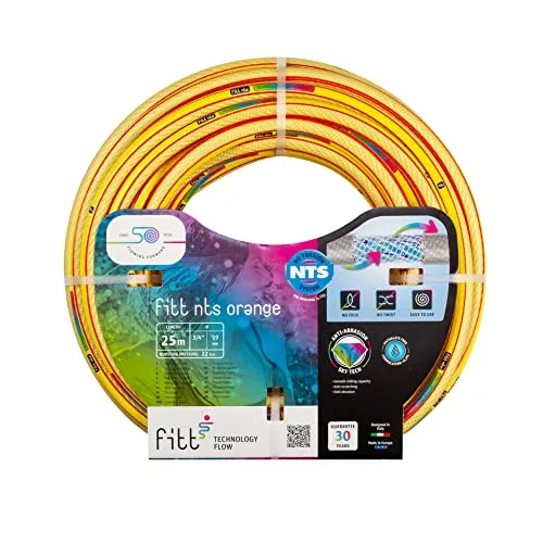 FITT NTS Orange 6-lagiger Gartenschlauch 25m - Gartenschlauch mit NO Torsion System, knick- und verdrehungsfest für gleichmäßigen Wasserfluss – ideal für Garten und Reinigung.