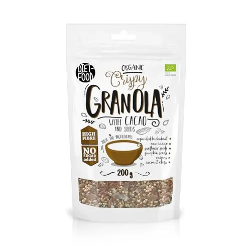 DIET-FOOD Keto Vegan Granola Bio Knusper Granola mit Kakao und Samen Glutenfreies Granola Frühstück Müsli Low Carb Non-GMO Snack Ohne Zuckerzusatz 200g 1er Pack