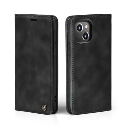 LBH Handyhülle für Apple iPhone 14 in Schwarz mit Karten- und Geldfach Smartphone Hülle mit Standfunktion Flip Case Schutzhülle Magnetverschluss Vintage