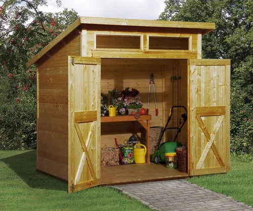 Weka Holz-Gartenhaus Pultdach Lasiert 293 cm - Holz-Gartenhäuser mit modernem Design, ideal zur Aufbewahrung von Geräten und Möbeln. Robuste Konstruktion aus lasiertem Holz, einfach zu montieren dank Steck- & Schraubsystem.