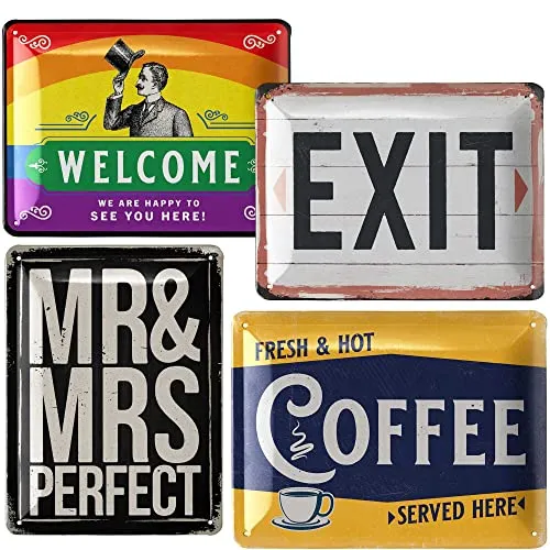 LANOLU Retro Blechschilder 4er Set, Metallschilder retro Deko, poster vintage Deko Set, Schilder mit Sprüchen lustig, Shabby Chic Schilder, vintage Farmhouse Deko aus Metall im 4er Set