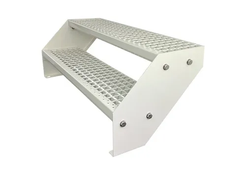 Kaminbau Mierzwa Außentreppe Premium Treppe Komplett Weiß Höhe Verstellbar, für Geschosshöhen bis 38 cm, Stufen Gitterroststufen nach DIN 24531, (Höhe 38 cm, Breite wählbar aus 60, 80, 100, 120, 140 cm), Gartentreppe Stahltreppe Wetterfest Rostfrei Feuer-Verzinkt Rutschfest