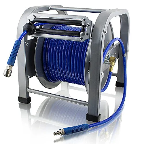 BITUXX® 30 Meter PU Schlauch Druckluft Schlauchtrommel - Schlauchaufroller mit 30m Druckluftschlauch, automatischer Aufrollung und EU Schnellkupplung – ideal für Werkstätten und sorgenfreies Arbeiten.