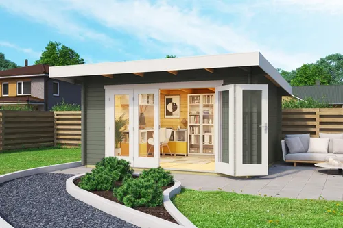 Gartenhaus Blockhaus Pultdach 44 mm Sussex 1 grün - Gartenhaus aus robustem Holz mit 44 mm Wandstärke, ideal für Gartenlagerung und Freizeit. Abschließbar, mit isolierverglasten Fenstern für zusätzlichen Komfort.