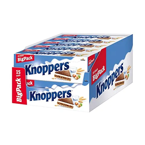 Knoppers – 10 x 375 g – Gefüllte Waffelschnitten mit Milch- und Nougatcreme, Haselnüssen und Kakao