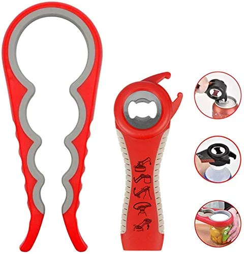 Easy Jar Flaschenöffner Kit, 5in1 und 4in1 Multifunktionsglasöffner, einfach zu bedienen für Kinder, ältere Menschen und Arthritis-Betroffene, Silikon-Handgreiferhilfe (Rot)