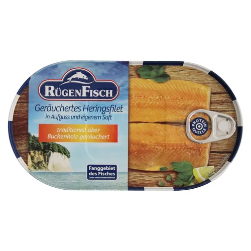 Rügen Fisch Heringsfilets in Aufguss 100 g - Fisch- & Meeresfrüchtekonserven, zarte Heringsfilets in hochwertigem Aufguss, perfekt für schnelle, gesunde Mahlzeiten.