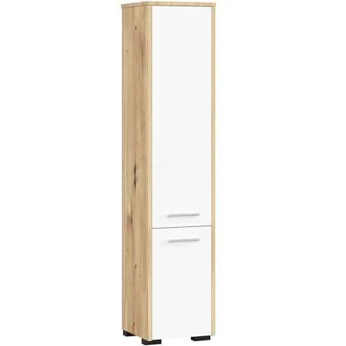 AKORD Badezimmer-Hochschrank schränke | Badezimmer kommode | FIN 2D, 2 Türen (je Oben und unten) | B30 x H140 x T30 cm | Gewicht 25 kg | auch Hängeschrank für Wandmontage geeignet Artisan-Eiche | Weiß