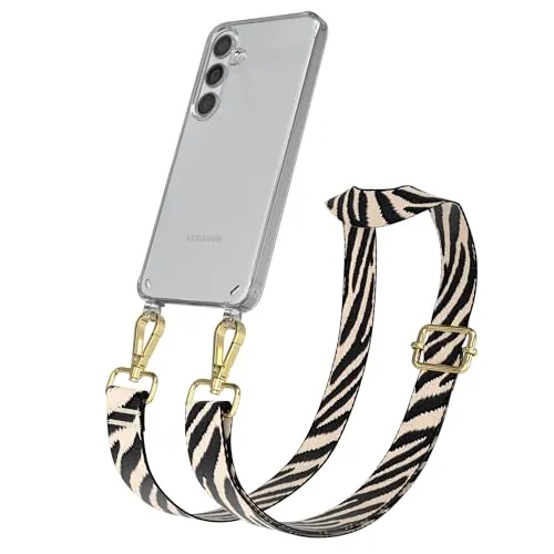 EAZY CASE Handykette - Verstellbares Taschenband kompatibel mit Galaxy S24, Schulterriemen, Handykordel mit Silikon Hülle, Umhängetasche, Zebra - Schwarz Beige Metall Gold