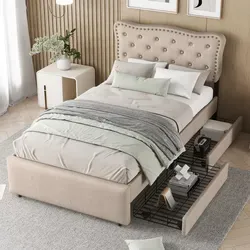 Polsterbett mit Lattenrost und höhenverstellbarem Kopfteil, 90x200 cm, Beige mit Stauraum - Stylisches Stauraumbett mit hochwertigem Lattenrost und höhenverstellbarem Kopfteil. Optimaler Platz für Ihre Utensilien dank zwei seitlich zugänglicher Schubladen. Stabil und modern für Ihr Schlafzimmer.