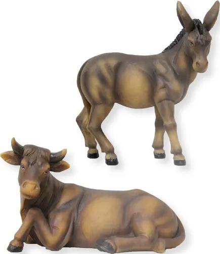FADEDA 2X Ochs und Esel - Handbemalte Krippenfiguren für Weihnachten - Detailgetreue Krippenfiguren aus massivem Kunstguss, handbemalt und in schöner Holzoptik. Ideal zur ganzjährigen Dekoration. Höhe der Figuren: 16 cm, Set aus 2 Teilen.