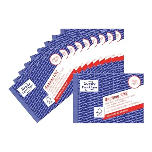 AVERY Zweckform 1742-10 Quittungsblock Kleinunternehmer (A6 quer, 2x40 Blatt, selbstdurchschreibend, fälschungssicherer Dokumentendruck, nach Kleinunternehmerregelung ohne MwSt., für DE/AT) 10er-Pack