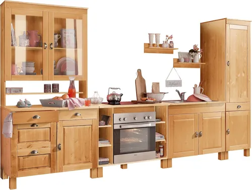 Home affaire Küchenzeile Oslo, 350 cm, ohne E-Geräte - Küchenzeile mit hochwertigem Massivholz, inklusive Vitrinenaufsatz und Spülenschrank mit Edelstahl-Einbauspüle - ideal für stilvolles Kochen und Wohlfühlen.