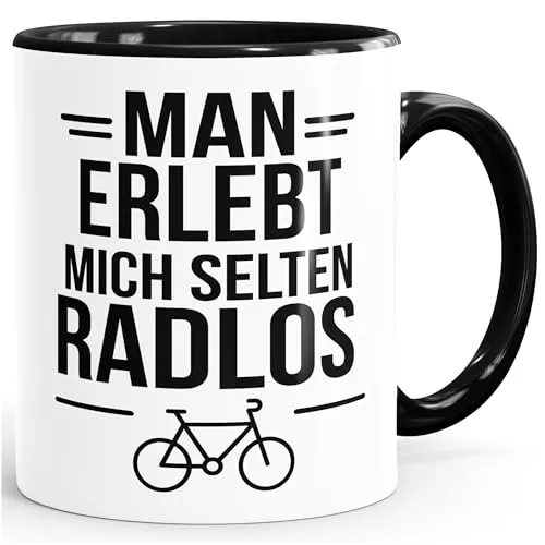 MoonWorks Tasse Spruch Spruch Fahrradfahrer Man erlebt mich selten radlos Statement Geschenkidee Bike-Freunde lustige Kaffeebecher Weiss-innen-schwarz standard