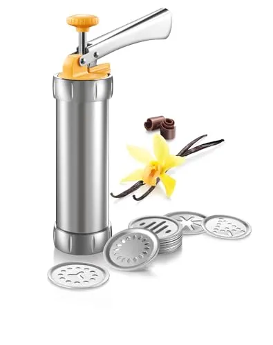 Tescoma DELÍCIA Teigpresse aus Edelstahl | Vielseitig für Kekse & Tortengarnierungen - Ausstechformen für kreative Backideen: 20 Motivscheiben & 4 Garniertüllen bieten unendliche Gestaltungsmöglichkeiten. Langlebig aus Edelstahl, ideal für jeden Hobbybäcker!