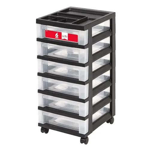Iris Ohyama MC Kunststoff-Aufbewahrungsschublade, Rollwagen mit Organizer-Deckel, schwarz, 6 Drawer