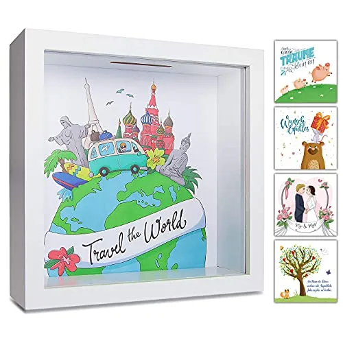 GLÜCKSWOLKE - Spardose Reisen I Motiv Travel The World I Urlaubskasse Reisekasse I Geldgeschenke Verpackung I Sparschwein Deko Geschenk I 3D Rahmen zum Befüllen I Money Box Urlaub Sparbüchse