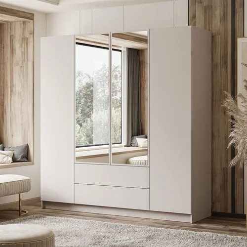 Kleiderschrank AUREL 4D2SZ KASCHMIR mit Spiegel - Drehtürenschrank mit eleganter Kaschmir-Färbung und zwei Spiegeln für optische Raumvergrößerung. Hohe Funktionalität mit 12 Ablagen und geräumigen Schubladen sorgt für perfekten Stauraum.