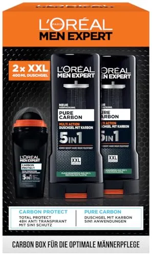 L'Oréal Men Expert Pflegeset für Männer, Geschenkset mit XXL 5-in-1 Duschgel und Deoroller, Geschenke für Herren inklusive Bodywash und Deo Roll-On mit Karbon, Pure Carbon, 2 x 400 ml, 1 x 50 ml