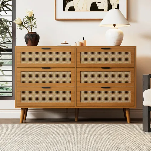 Merax Kommode Sideboard mit 6 Schubladen aus Rattan und Holz - Braun - Praktische Kommode mit 6 geräumigen Schubladen für optimalen Stauraum. Das stilvolle Rattan-Design und die Massivholzbeine verleihen Ihrem Zuhause einen natürlichen Charme. Ideal für Wohnzimmer, Schlafzimmer oder Flur.