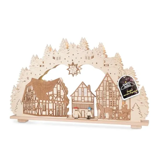 Saico - LED Schwibbogen „Kontraste“ mit 2 Figuren - 3D Lichterbogen mit Winterlandschaft aus Holz - Lichterbogen Beleuchtung, ideal als Weihnachtsdeko für Fensterbank & Regal - Made in Germany
