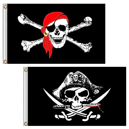 Piraten-Flagge, 2 Stück 90x150cm Jolly Roger Totenkopf Toter Mann Brust gekreuzte Knochen Skelett Polyester doppelt genäht für Piraten-Party Halloween Geburtstag Outdoor Dekoration