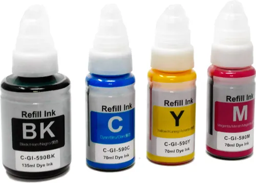 OBV Kompatibel GI-590 4x Tintenbehälter passend für Canon PIXMA G1000 G1400 G1500 G2000 G2400 G2500 G3000 G3400 G3500 G4500 - BK 135ml / C M Y je 70 ml