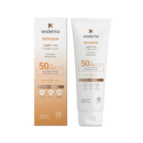 Sesderma Repaskin Light Fluid Körper-Sonnenschutz SPF50 | 200 ml - Hochwirksamer Sonnenschutz mit SHIELD SYSTEM für tiefenwirksamen Zellschutz. Leichtes, nicht fettendes Gel für ein mattes Finish und optimalen Schutz vor UVA/UVB-Strahlen.