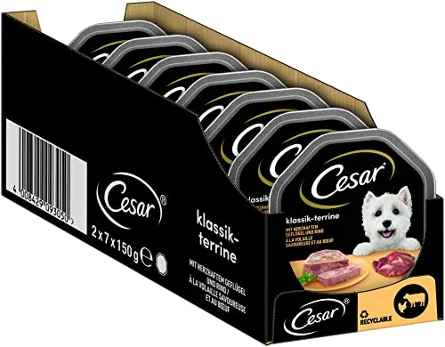 Cesar Hundefutter Nassfutter Klassiker Geflügel & Rind, 7er Pack (7 x 150 g) - Vielseitige und schmackhafte Mahlzeiten für Hunde, 100% ausgewogen und in praktischen Schalen verpackt. Die Klassiker überzeugen durch hochwertige Zutaten und sorgen für Genuss bei jeder Fütterung.
