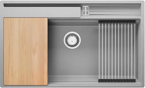 PRIMAGRAN Spülbecken Grau 88x53cm, Granitspüle 1 Becken + Ablauf-Set + Küchenzubehörset, Küchenspüle ab 90er Unterschrank - Oslo Pocket S293