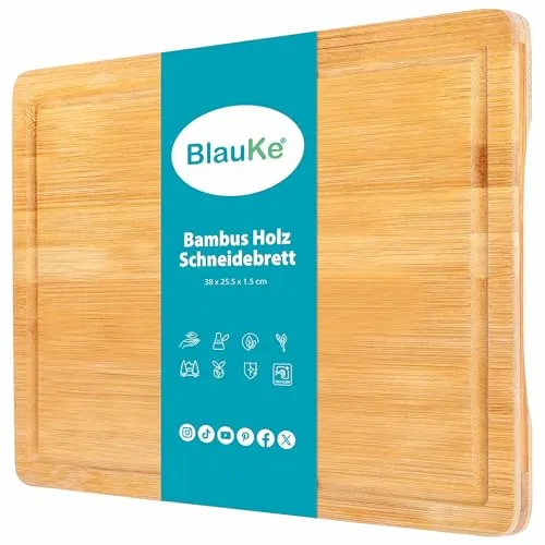 BlauKe® Schneidebrett aus Holz mit Saftrille (38x25cm) – Bambus Küchenbrett, Servierplatte für Fleisch, Käse, Gemüse, Wurst – Holzbrett für Küche Groß, Brotbrett, Frühstücksbrettchen aus Holz