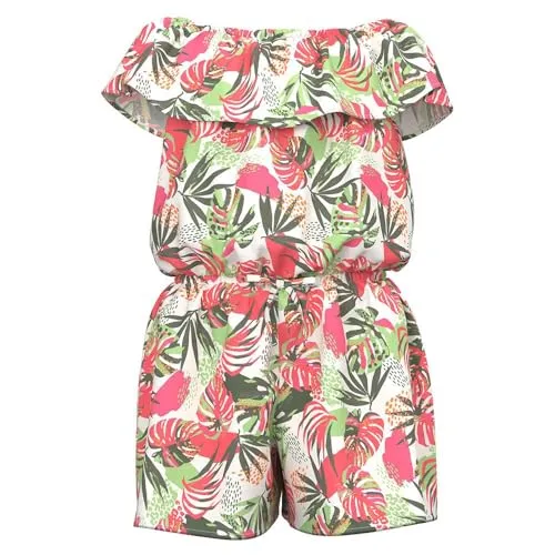 NAME IT Mädchen Nkfvinaya Ss Playsuit Fffff Noos, Bright White/Print:Tropical, 158