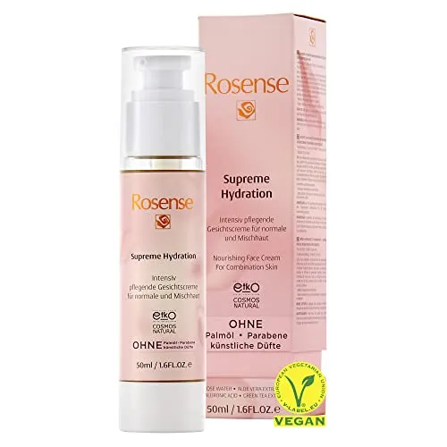 Rosense Supreme Hydration Gesichtscreme - Nachtpflege für normale & Mischhaut, mit natürlichem Rosenwasser und Hyaluronsäure für intensive Feuchtigkeit und einen strahlenden Teint.