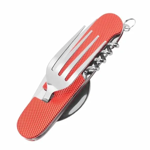König Design 6 in 1 Edelstahl Klapp besteck Camping besteck Set Outdoor Reise Besteck Kit Abnehmbare Geschirr Bewerben auf Wandern Reise Picknick Campen Festival (Rot)