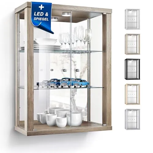 K-Möbel Wandvitrine (80x60x25cm) - Made in Germany - Glasvitrine hängend mit 2 höhenverstellbaren Glasböden aus ESG, Spiegel & LED in Sonoma Eiche - Schrank mit Glastüren - Hängevitrine
