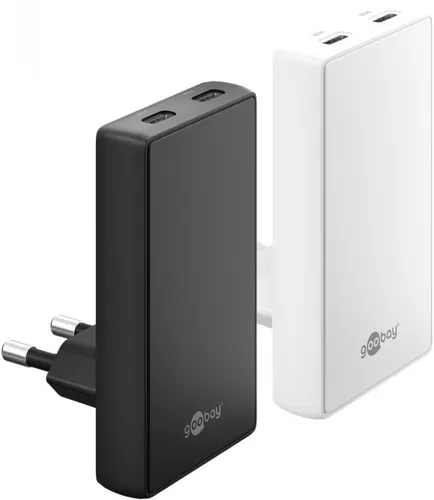 GOOBAY 75721 - USB-Ladegerät 45 W, 2x USB-C (PD) Flach schwarz - Kompaktes USB-C PD Ladegerät mit 45 W Leistung. Ideal für enge Räume dank 90°-Design. Perfekt für schnelles Laden von Smartphones und Tablets – sicher und effizient.