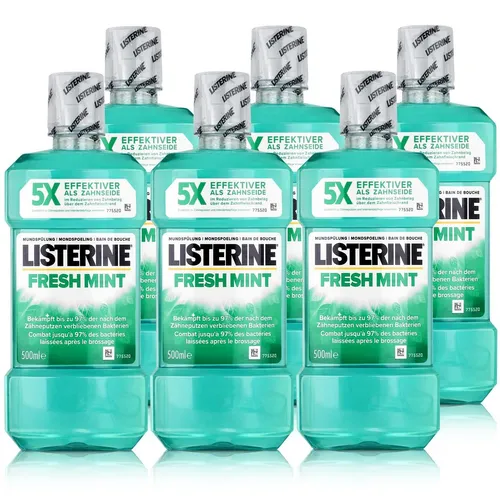Listerine Fresh Mint 500ml - Erfrischende Mundspülung für gesunde Zähne (6er Pack) - Zahnpflegeartikel mit antibakterieller Wirkung, tötet bis zu 97% der Bakterien ab und sorgt für frischen Atem bis zu 12 Stunden. Ideal für die tägliche Mundpflege!