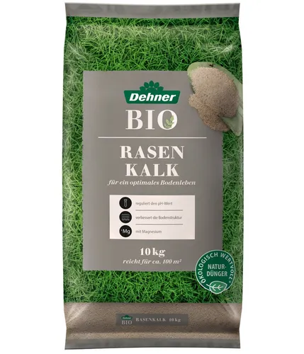 Dehner Rasendünger Bio Rasenkalk 10 kg – Ideal für 100 m² - Hochwertiger Magnesiumkalk für optimale Bodenbedingungen. Fördert das Wachstum eines satten, grünen Rasens und verbessert die Bodenstruktur. Einfach anzuwenden und ideal für Gartenliebhaber.