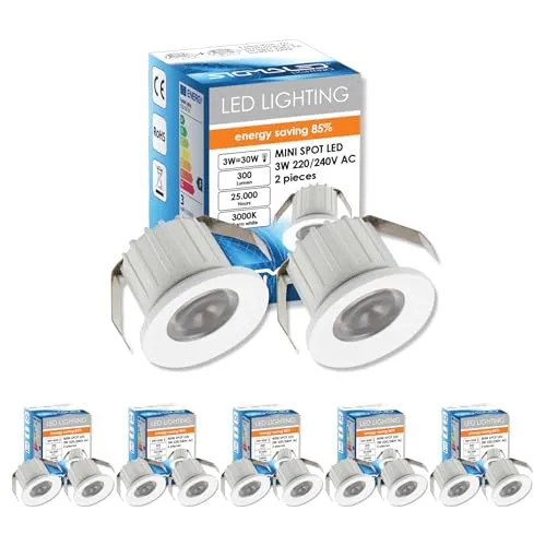 Sigmaled lighting, Mini-LED-Einbaustrahler 3W, dimmbar, Warmweiß 3000K, 300 Lumen, Runde Einbauspot, 220/240V AC, 10er-Pack (5 Box mit 2 Stuck)